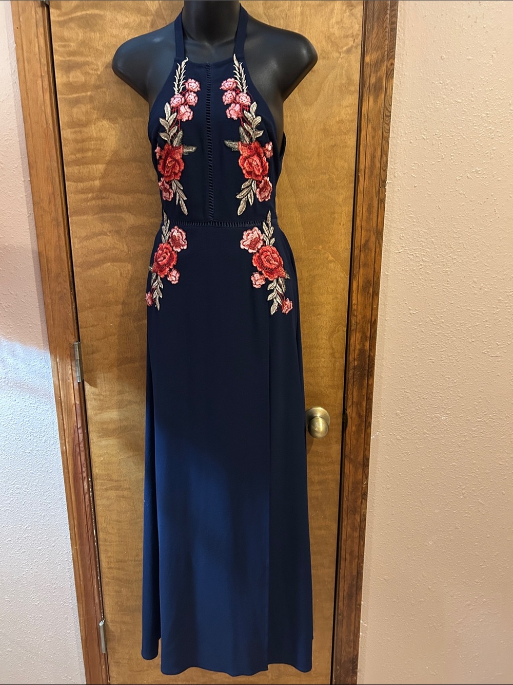 Source Unknown Navy Halter Prom Dress with Red Floral Embroidery NWOT